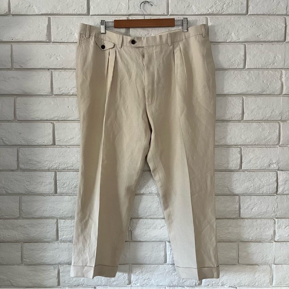 New & Lingwood Men’s Dress Slacks Trouser Cream Ivory Italian Linen Sz 42 Luxury
